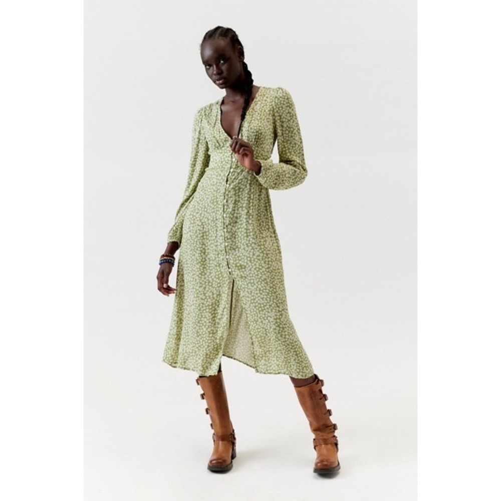 Billabong Sweet Bliss Sage Green Daisy Floral Button Front Midi Dress XXL